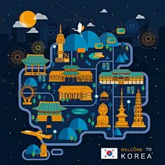 韩国地标首尔塔昌德宫南山民俗村美食手绘地图矢量设计素材AI65-淘宝网