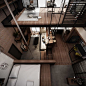A ladder leads up to the lofted workspace, a much more space efficient choice than stairs.: 