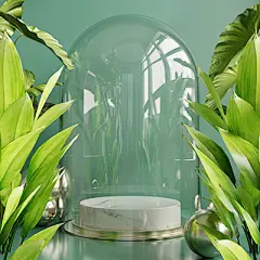 C4D建模墨绿色大气北欧INS风玻璃罩植物电商展台海报背景
