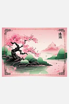 粉绿风景水墨画AI数字艺术-众图网