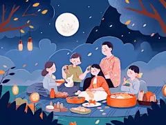中秋满月一家人吃团圆饭赏月插画卡通唯美手绘可爱古风插画壁纸