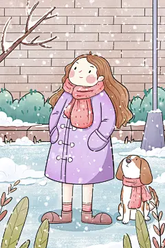 扁平化手绘卡通赏雪狗二十四节气立冬插画