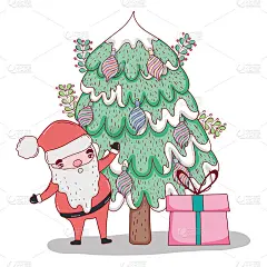 santa claus with pine tree and christmas presents