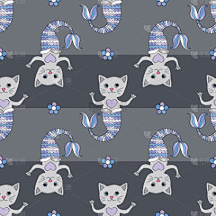 猫,美人鱼,四方连续纹样,可爱的,华丽的,纺织品,灰色,女性特质,壁纸,绘制