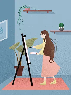 卡通手绘温馨绘画女孩插画海报 画板 盆栽 高清背景 背景 设计图片 免费下载 页面网页 平面电商 创意素材