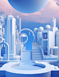 an abstract photo composition in a futuristic style with blue haze, in the style of daz3d, kawaii aesthetic, whimsical cityscapes, evgeni gordiets, minimalist stage designs, scientific illustrations, art deco-inspired