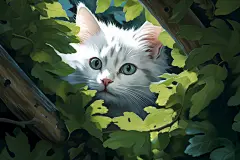 绿色清新灌木丛中的可爱小猫插画
