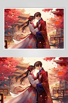AI数字艺术国风汉服情侣七夕牛郎织女插画