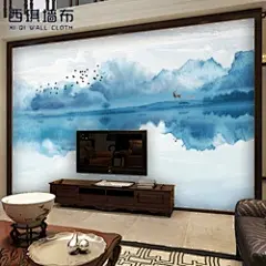 5D电视背景墙墙布无缝新中式8D壁纸客厅卧室复古水墨画山水壁画墙