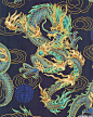 Elemental Dragon - Navy/Gold.  A very dramatic dragon print fabric!: 