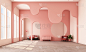 抽象的室内设计。生活区和卧室的建筑元素为粉色调，圆弧，圆形开口和混凝土地板。三维渲染