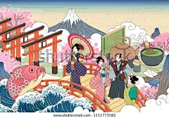 浮世绘风格的复古日本风景，人们携带在桥上享受绿茶