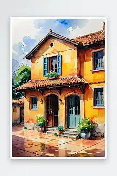 手绘油画老房子四合院儿童插画-众图网