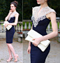 Navy Blue Midi Elegant Dress, Vj Style White Clutch Bag, Asos Nude Leather Pumps
