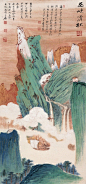 胸中得酒出孱颜，木叶森森岁暮残。 落墨不随岚气暝，几重山色几重澜。 《题金碧山水卷》 年代:宋 作者: 钱选 |图：张大千的金碧山水
