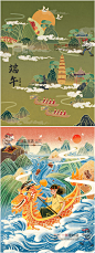 103中国风手绘传统赛龙舟粽子国潮风肌理端午节插画海报PSD素材图-淘宝网