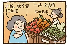 中年女人在菜市场买菜向着卖菜老板说话，插图，简笔画，粗画笔