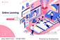 Online learning 3d isometric style illustration in pink and purple