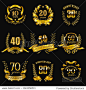 Set of gold anniversary badges with laurel wreaths  numbers. Decorative emblem of jubilee on black background. Filigree element  frame  border  icon  logo for web  page design in vintage style