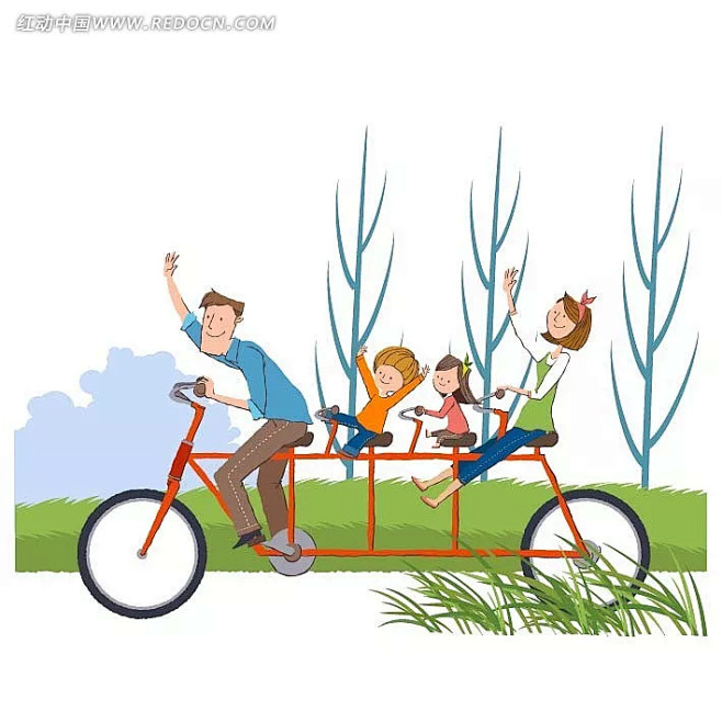 骑四人自行车很开心的一家人爸爸|草地|插...