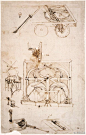 『达芬奇设计的“汽车”』文艺复兴时期,蒸汽机和电力机车的发明才刚刚起步,然而充满探索精神的达芬奇在1478年就设计了一辆自行驱动式“汽车”?木结构,以桶状弹簧发条作驱动,带动齿轮转动,齿轮上安装有一个个月牙状的减速板。