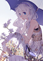 Anime picture 900x1272 with benghuai xueyuan kiana kaslana cici long hair single tall image blue eyes looking at viewer simple background white sitting white hair high heels floral print girl dress flower (flowers) socks hairband umbrella: 