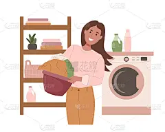 快乐的女人在洗衣房拿着一个篮子，里面装着洗好的衣服