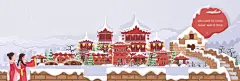 雪中的长城地标建筑景观全景矢量图设计素材