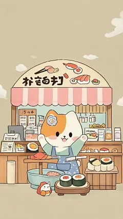 壁纸｜插画｜猫咪寿司店 - 小红书