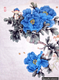 工笔画蓝牡丹国画素材,水墨蓝色鲜花,国画鲜花素材,唯美花朵,国画花朵素材,牡丹花素材