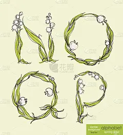 春花风格化手绘字母。矢量插图。