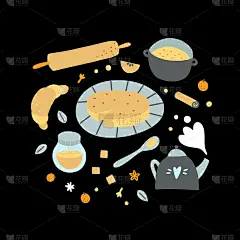 可爱的hygge元素向量卡。舒适的家对象。冬季插画:烘焙元素，甜蛋糕和茶壶
