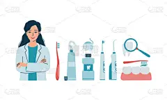 口腔卫生工具。口腔卫生,牙科医生口腔卫生的概念.牙刷，牙膏，漱口水，牙线。手绘矢量图解