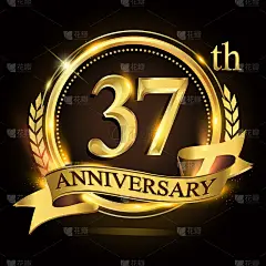 37周年金婚标志用戒指和丝带、月桂花环矢量设计。