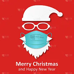 圣诞老人头标签与医疗面具和帽子。圣诞快乐，圣诞老人标志设计为新型冠状病毒防护，Covid - 19预