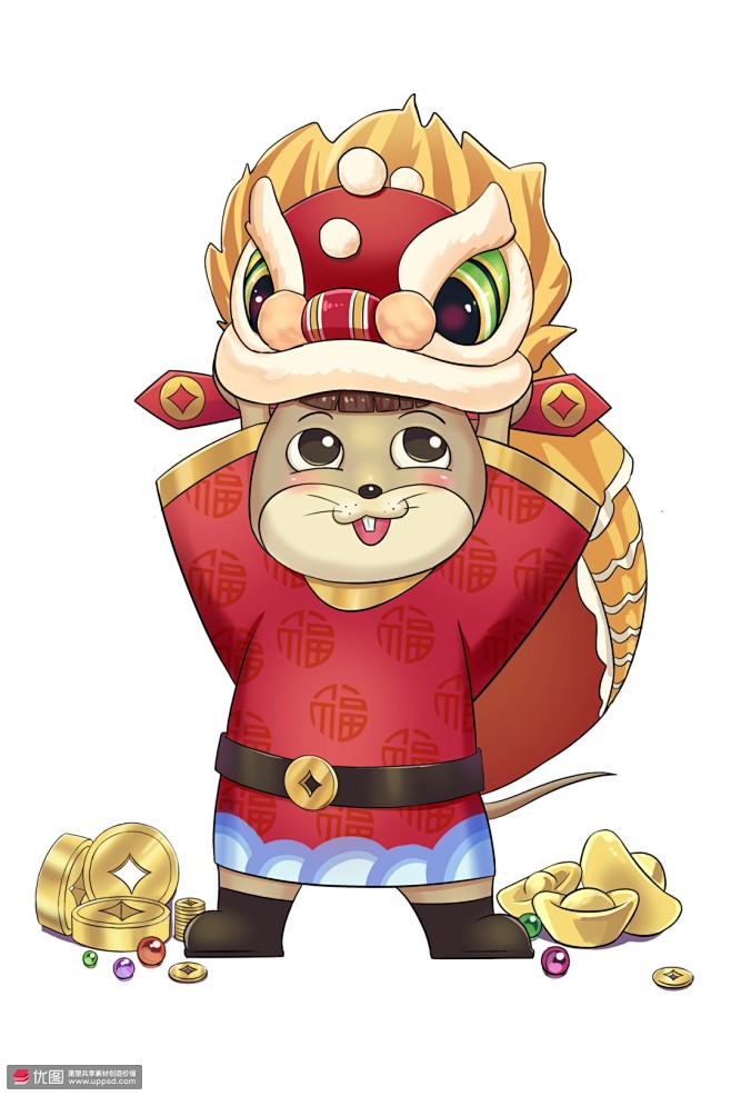 传统节日舞狮子鼠迎春招财鼠年吉祥物插画节日节气春节