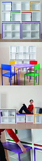 Einfach genial! Designed by Irish designer Orla Reynolds, this innovative furniture set comes with white shelves, two colorful tables and 4 chairs: 