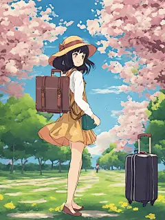 春天提着行李箱的女孩插画AI数字艺术