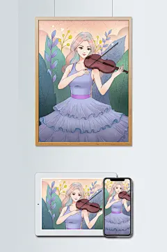 五四青年节拉小提琴的少女原创插画