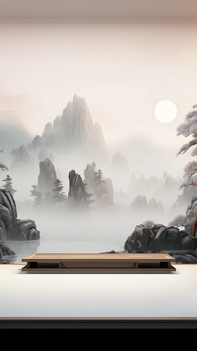 通用国风插画水墨色中式自然山树展台场景背景图片_F国潮背景图片素材-花瓣网