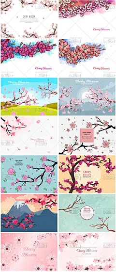 春手绘水彩日本樱花banner花卉花朵树风景插画插图ai矢量设计素材-淘宝网