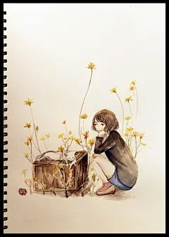 紫塞边城  的插画 女孩+猫咪