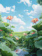 3D cartoon style with a cartoon background featuring a blue sky with white clouds. A grassland is depicted with lotus leaves on the left side of the screen and lotus flowers on both sides. Green plants are shown in front of them. The style is simple, cute