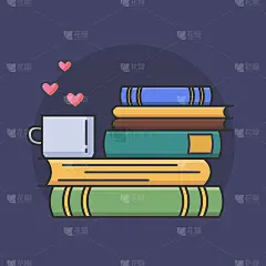 彩色线条图标的书堆和茶或咖啡杯与心符号。我喜欢图书馆、书店和学校的阅读概念。矢量插图孤立。