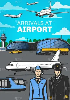 航空，机场与飞机和机组人员矢量海报。航空公司的飞行员和空姐。身着制服的机长和空姐，蓝天的飞机，航空旅
