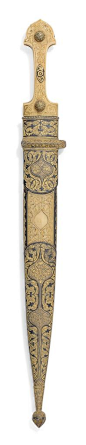 A FINE WALRUS IVORY-HILTED GILT AND NIELLOED KNIFE (KINJAL) SIGNED MAJID DHIMMI(?), OTTOMAN CAUCASUS, DATED AH 1292/1875-6 AD