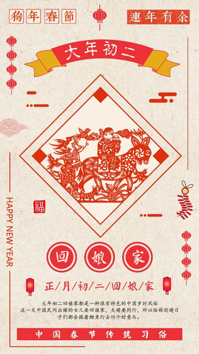 传统复古年初二海报_传统复古年初二海报微...