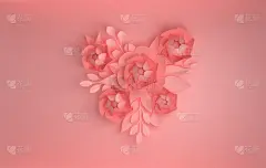 纸上彩色花朵，心形。情人节，复活节，母亲节，结婚贺卡。3d渲染数字插图在纸艺术风格。