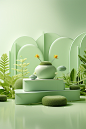 3d visualization green objects and plants on a table, in the style of cute cartoonish designs, minimalist stage designs, qian xuan, light green, contemporary candy-coated, rim light, serene pastoral scenes