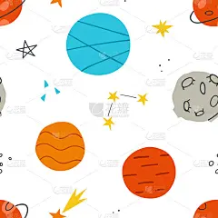 可爱的行星和恒星的无缝模式。包装纸、墙纸、衣服的背景。矢量插图。